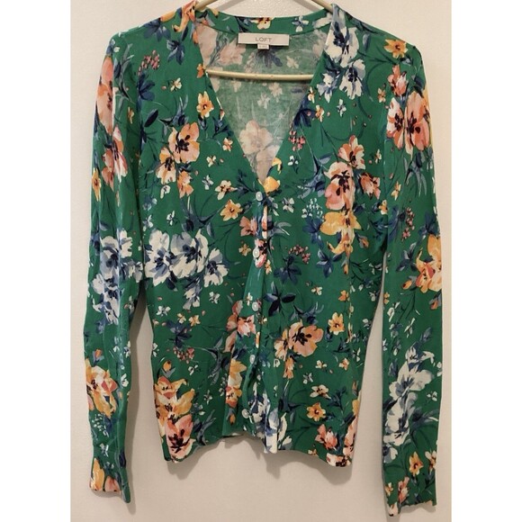 LOFT Kelly green floral v-neck button front cardigan lightweight sweater Small - Picture 1 of 4